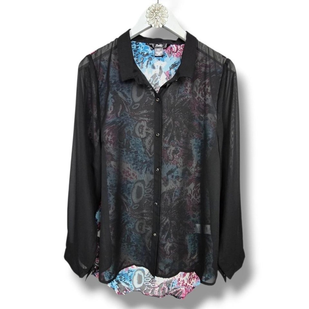Rock 47 by Wrangler Women's‎ Abstract Button-down Western-style Sheer Top XXL